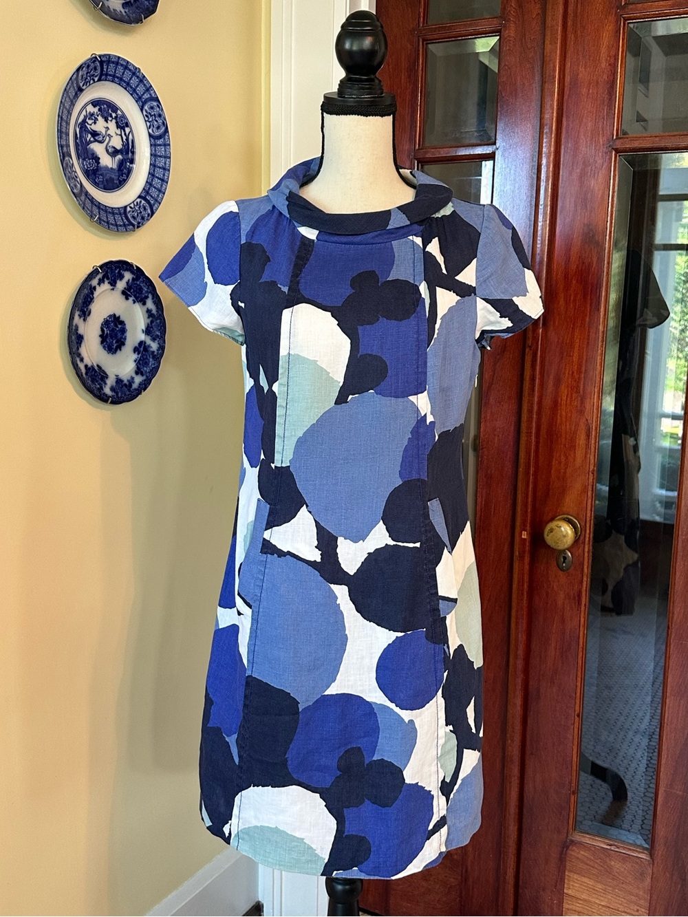 Boden | Audrey Print Linen Shift Dress Blue Abstract Mod, Size 6